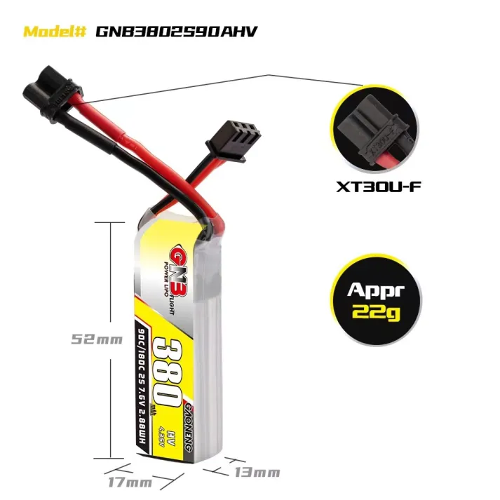 GAONENG GNB LiHV 2S 7.6V 380mAh 90C XT30 LiPo Battery