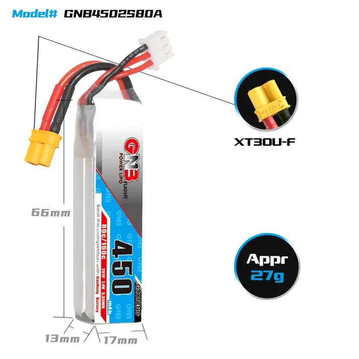 GAONENG GNB 2S 7.4V 450mAh 80C XT30 LiPo Battery Long Type